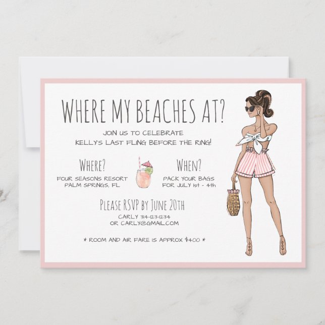 Brunette Bride Bachelorette Beach Party Weekend Invitation (Front)