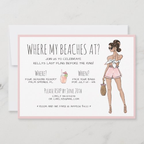 Brunette Bride Bachelorette Beach Party Weekend Invitation