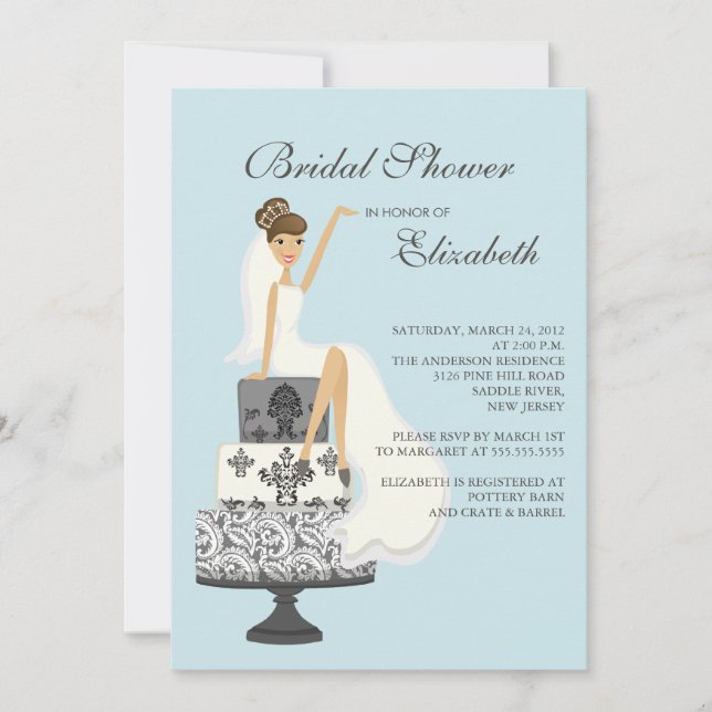 Brunette Bride Bridal Shower Invitation Blue Gray (Front)