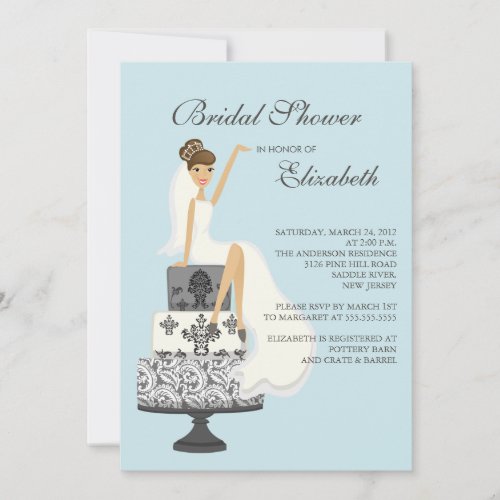 Brunette Bride Bridal Shower Invitation Blue Gray