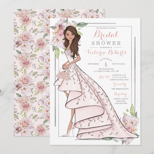 Brunette Bride Floral Bridal Shower Invitation (Front/Back)