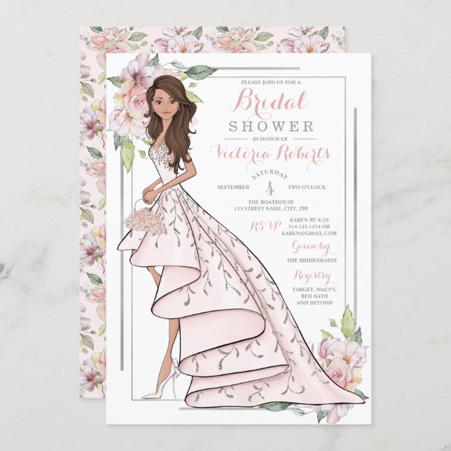 Brunette Bride Floral Bridal Shower Invitation (Front/Back)