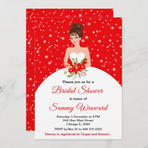 Brunette Bride Snowflake Red Bridal Shower Invitation