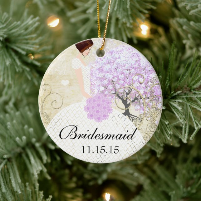 Brunette Bridesmaid Gifts Lavender Heart Leaf Tree Ceramic Ornament (Tree)
