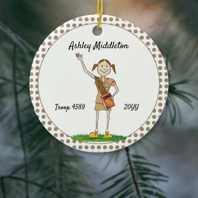 Brunette Brownie Girl Scouting Brown Polka-Dots Ceramic Ornament (Creator Uploaded)