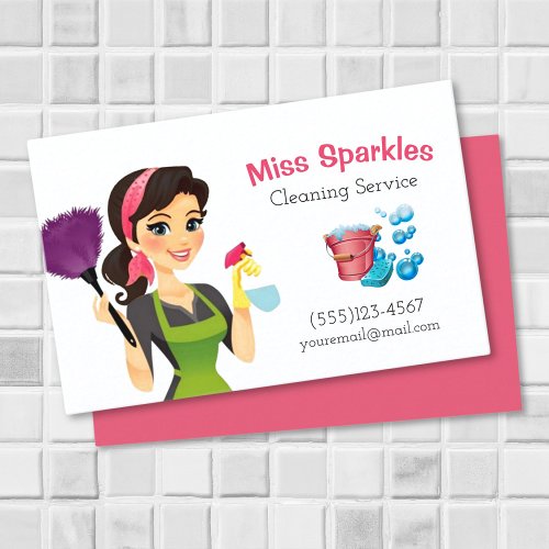 Brunette Cartoon Maid House Cleaning Services Business Card