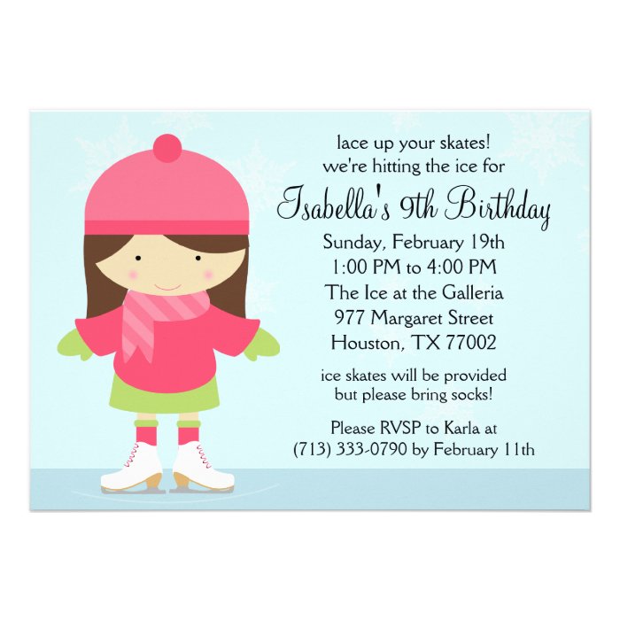 Brunette Caucasion Ice Skating Birthday Party Custom Announcements