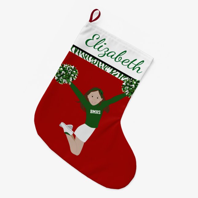Brunette Cheerleader In Green And White Large Christmas Stocking (Front (Hanging))