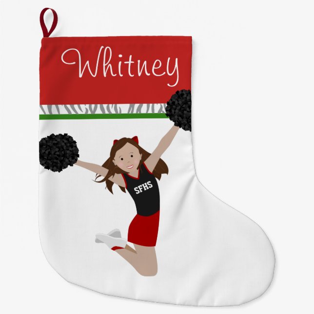 Brunette Cheerleader in Red and Black  Large Christmas Stocking (Front)