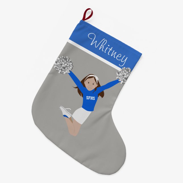 Brunette Cheerleader in White & Blue Large Christmas Stocking (Front (Hanging))
