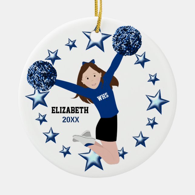 Brunette Cheerleader Pom Poms In Blue & Black Ceramic Ornament (Front)