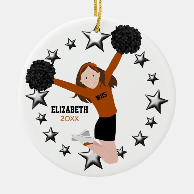 Brunette Cheerleader Pom Poms In Orange & Black Ceramic Ornament (Front)