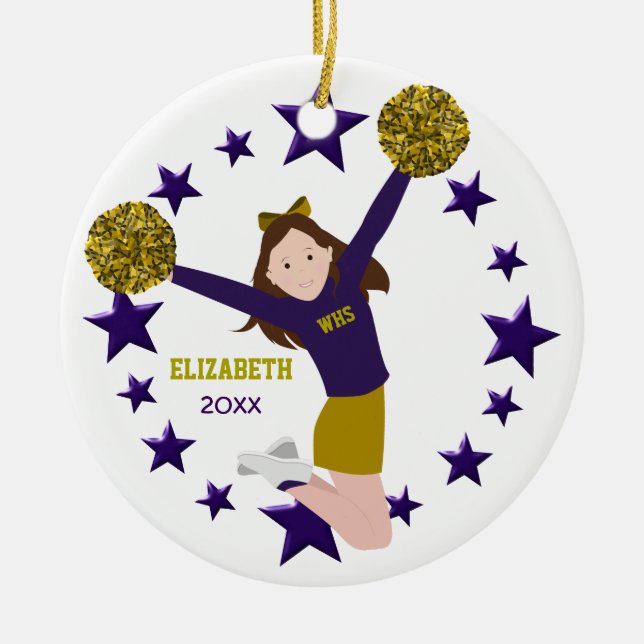Brunette Cheerleader Pom Poms In Purple & Gold Ceramic Ornament (Front)