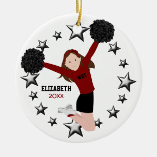 Brunette Cheerleader Pom Poms In Red & Black Ceramic Ornament