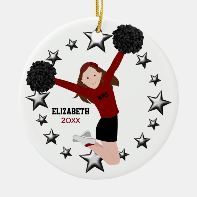 Brunette Cheerleader Pom Poms In Red & Black Ceramic Ornament (Front)