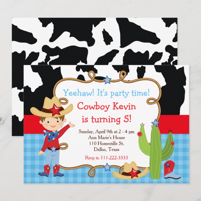 Brunette Cowboy Western Birthday Party Invitation (Front/Back)