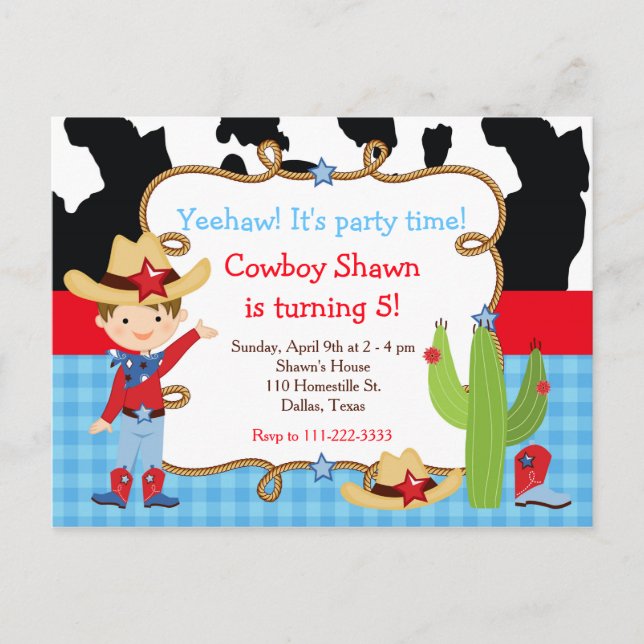 Brunette Cowboy Western Birthday Party Invitation Postcard (Front)