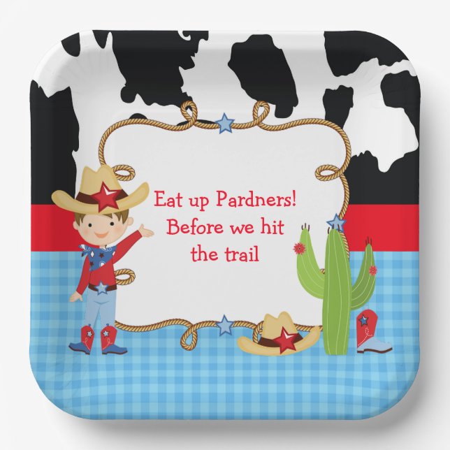 Brunette Cowboy Western Birthday Party Paper Plates (Front)