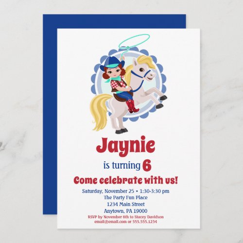Brunette Cowgirl Horse Rodeo Birthday Party Invitation