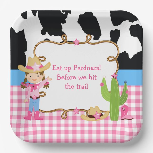 Brunette Cowgirl Western Birthday Party Paper Plates (Front)