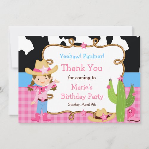 Brunette Cowgirl Western Birthday Party Thank You Card
