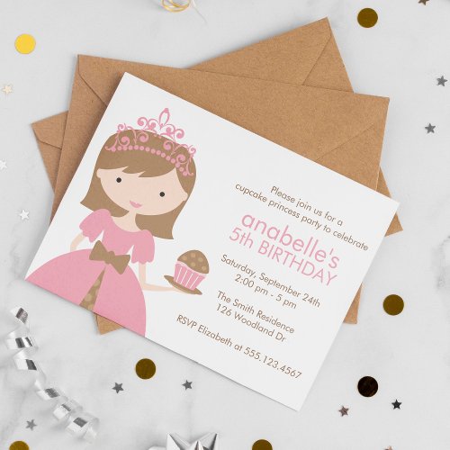 Brunette Cupcake Princess Birthday Party Invitation