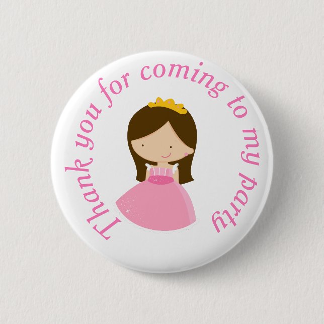 Brunette Cute Princess and Dragon Birthday Party Button (Front)