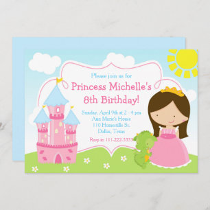 Brunette Cute Princess and Dragon Birthday Party Invitation
