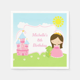 Brunette Cute Princess and Dragon Birthday Party Napkins