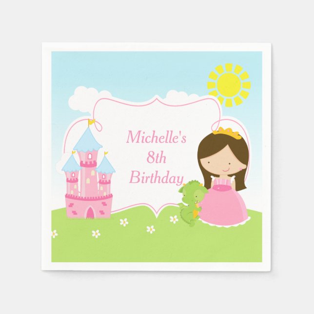 Brunette Cute Princess and Dragon Birthday Party Napkins (Front)