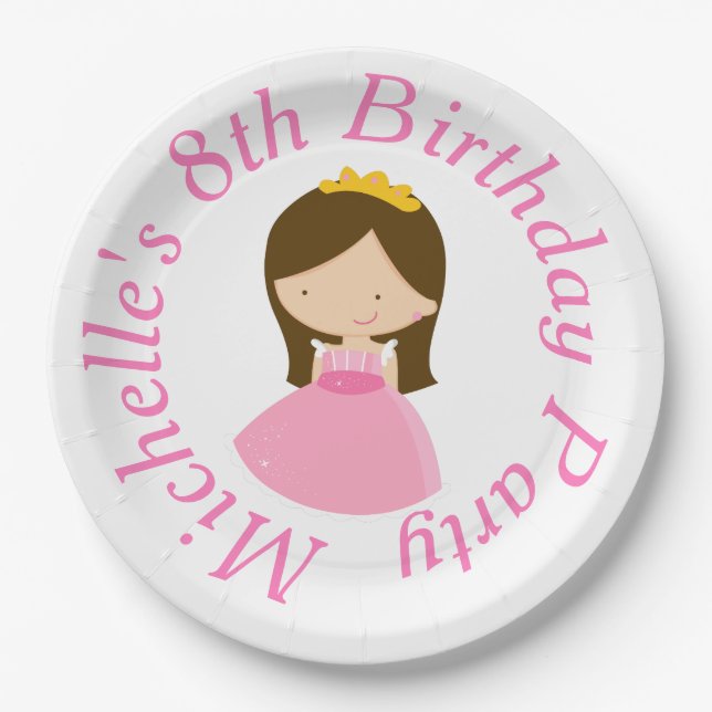 Brunette Cute Princess and Dragon Birthday Party Paper Plates (Front)