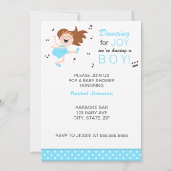 Brunette Dancing For Joy Blue Baby Boy Shower Invitation by PeachyPrints at Zazzle