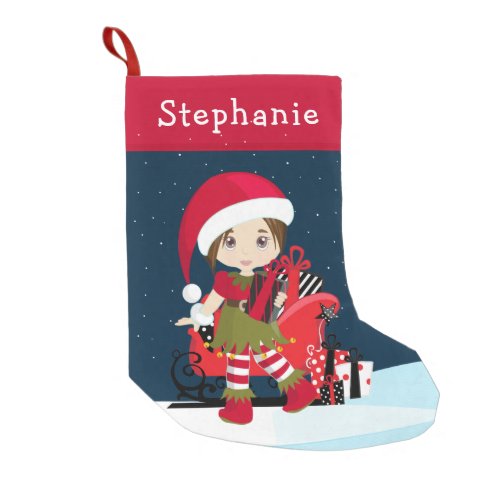 Brunette Elf Girl with Rudolph Christmas Stocking