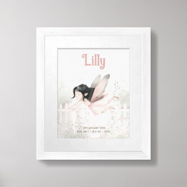 Brunette Fairy Baby Girl Birth Stats Poster (Framed Front)