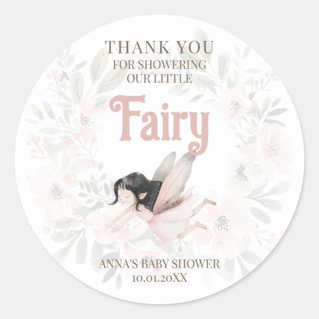 Brunette Fairy Baby Shower Thank You Classic Round Sticker (Front)