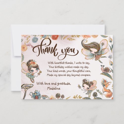 Brunette Fairy Birthday Enchanted Forest Thank You Card