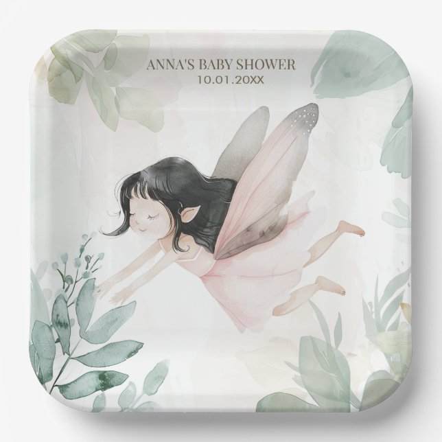 Brunette Fairy Girl Baby Shower Paper Plates (Front)