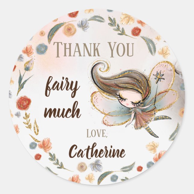 Brunette Fairy Girl Birthday Party Favor Gift  Classic Round Sticker (Front)