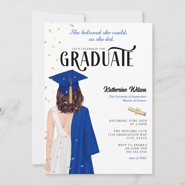 Brunette Female Blue She Believed Graduation Invitation (Front)