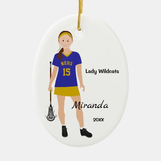 Brunette Female Lacrosse Player In Blue And Yellow Ceramic Ornament (Front)