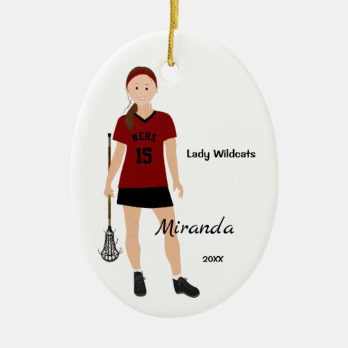 Brunette Female Lacrosse Player In Red And Black Ceramic Ornament