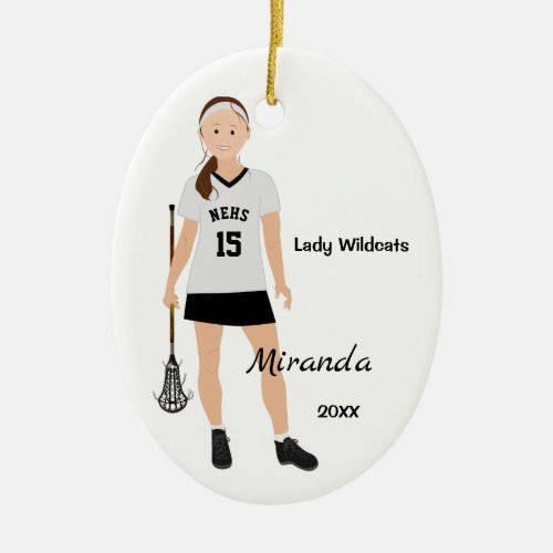 Brunette Female Lacrosse Player In White And Black Ceramic Ornament