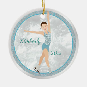 Brunette Figure Skater In Aqua Ceramic Ornament