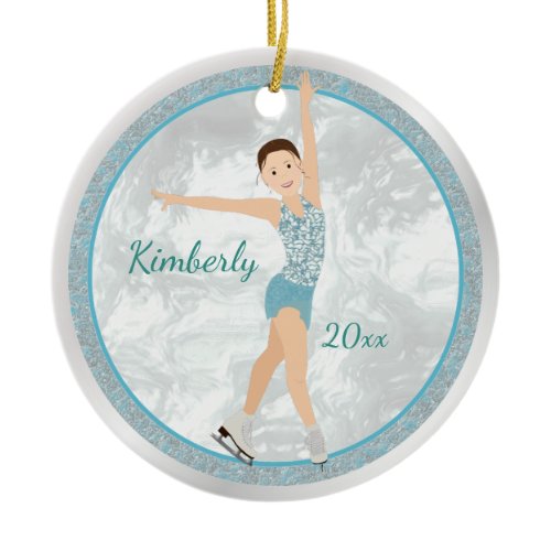 Brunette Figure Skater In Aqua Ceramic Ornament
