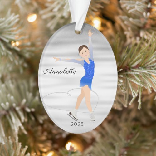 Brunette Figure Skater in Blue Ornament