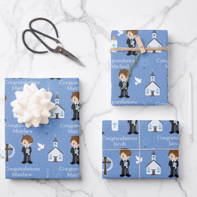 Brunette First Communion Boy Wrapping Paper Sheets (Front)