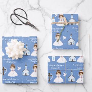 Brunette First Communion Girl Wrapping Paper Sheets