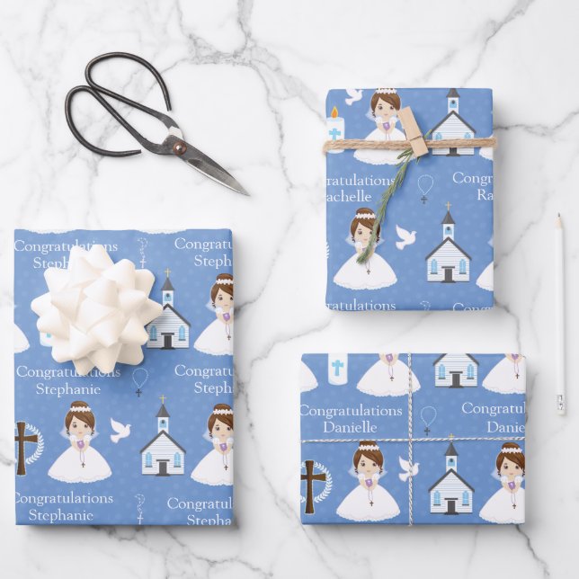 Brunette First Communion Girl Wrapping Paper Sheets (Front)