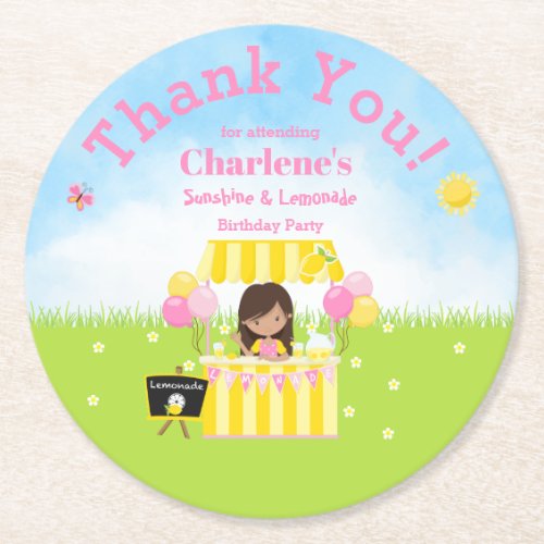 Brunette Girl 3 Sunshine  Lemonade Party Round Paper Coaster