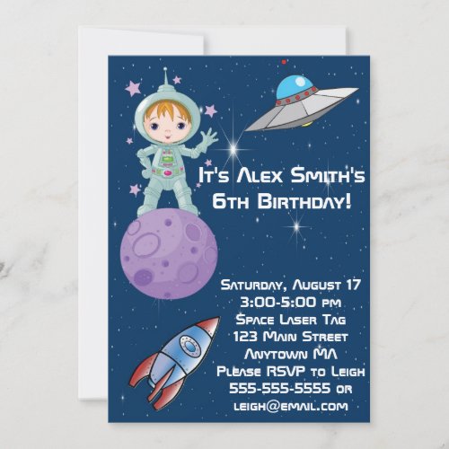 Brunette Girl Astronaut Birthday Invitation